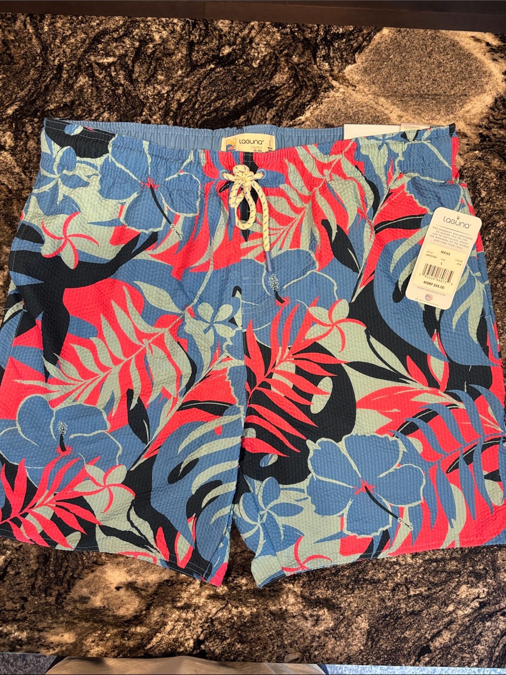Laguna Men’s Swim Blue Tropical Drawstring “The Volley” Shorts Lg